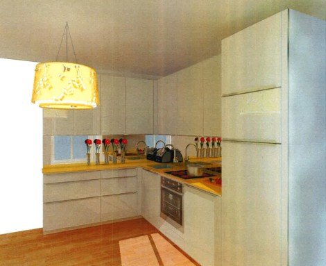 This was my architect's first design from 2013. Shiny white cabinets and a yellow glass counter with mirrored backsplash. This whole thing was €22,000. We had to winnow down from here, sadly.
