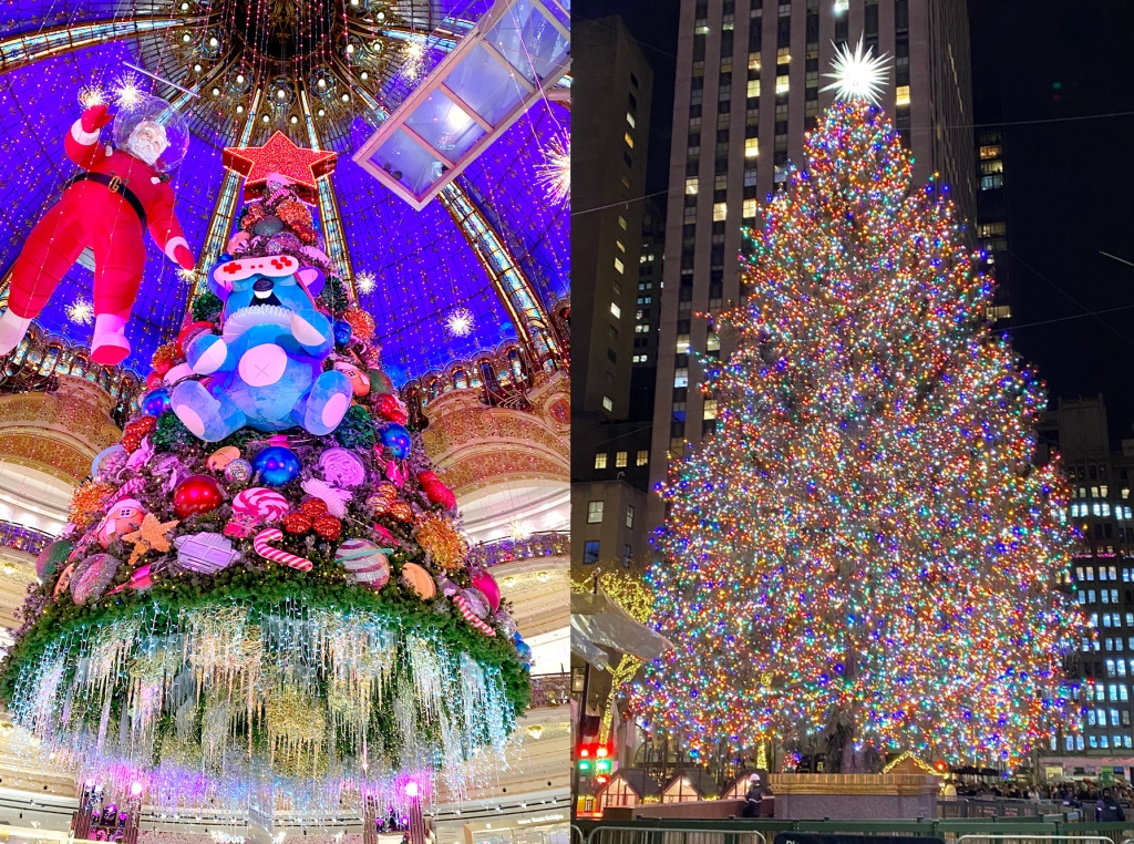 collage of xmas trees in Paris and NYC